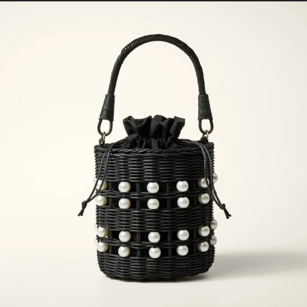 Kate Spade x Target NWT Pearl Embellished Wicker Basket Bucket Bag - Picture 1 of 12